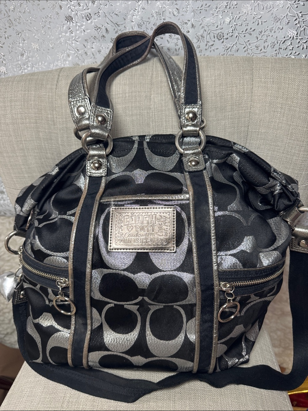 Coach poppy!  Black and Silver Signature Tote Satchel